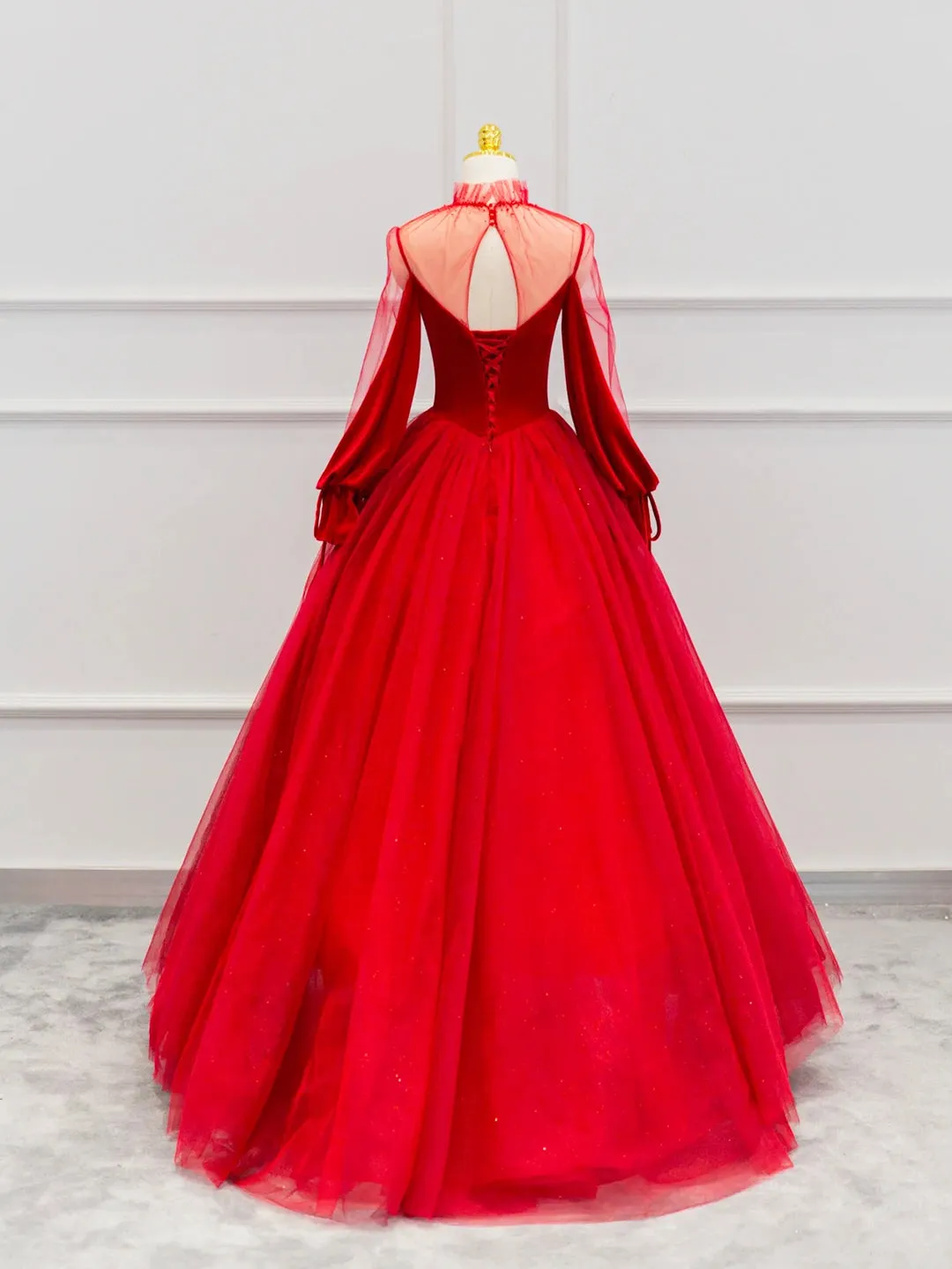 Red Velvet Tulle Floor Length Prom Dress Beautiful Long Sleeve Evening Party Dress