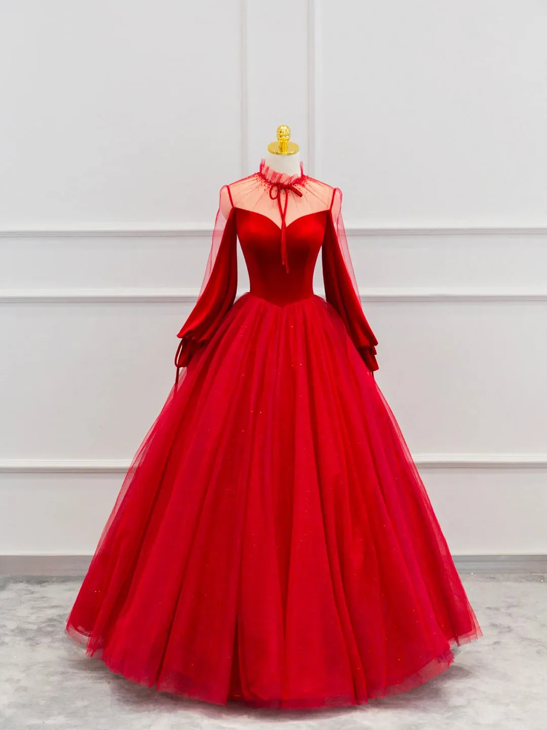 Red Velvet Tulle Floor Length Prom Dress Beautiful Long Sleeve Evening Party Dress