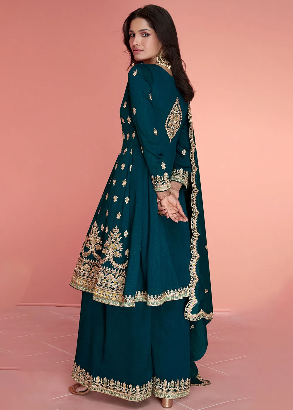 Resham Thread Embroidered Blue Festive Palazzo Suit