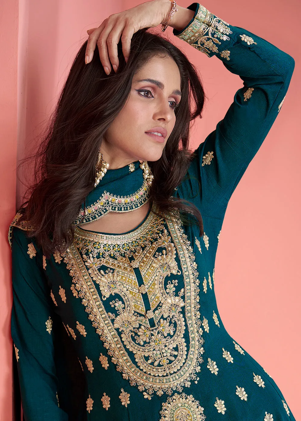 Resham Thread Embroidered Blue Festive Palazzo Suit