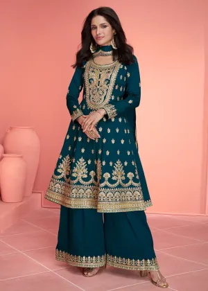 Resham Thread Embroidered Blue Festive Palazzo Suit