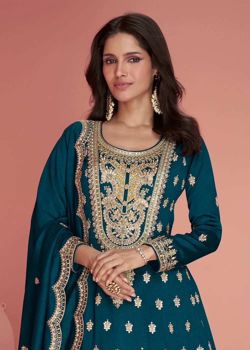 Resham Thread Embroidered Blue Festive Palazzo Suit