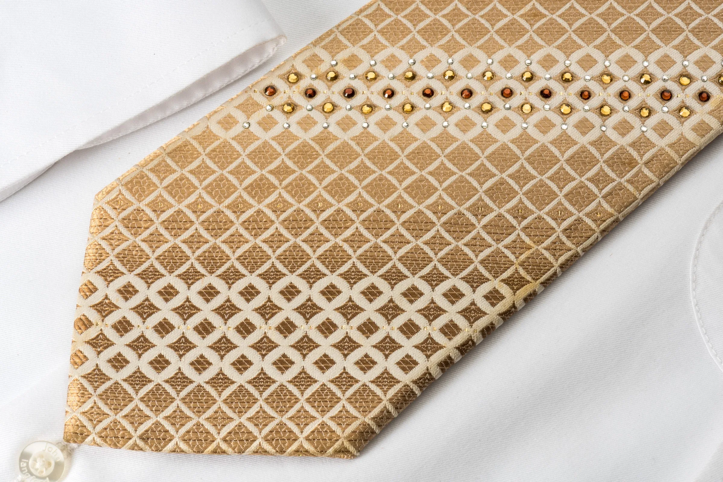 Roberta di Camerino Rhinestone Silk Necktie Golden Brown Checker On Beige With Sparkles