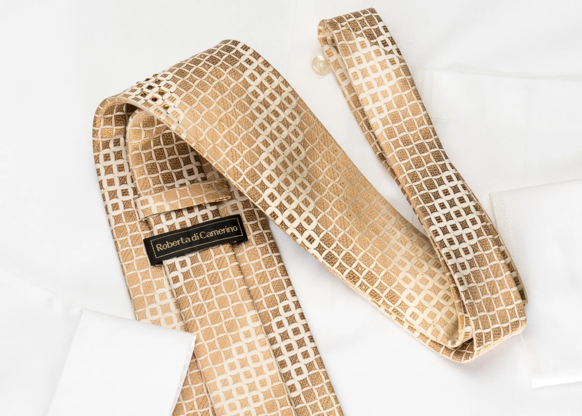 Roberta di Camerino Rhinestone Silk Necktie Golden Brown Checker On Beige With Sparkles