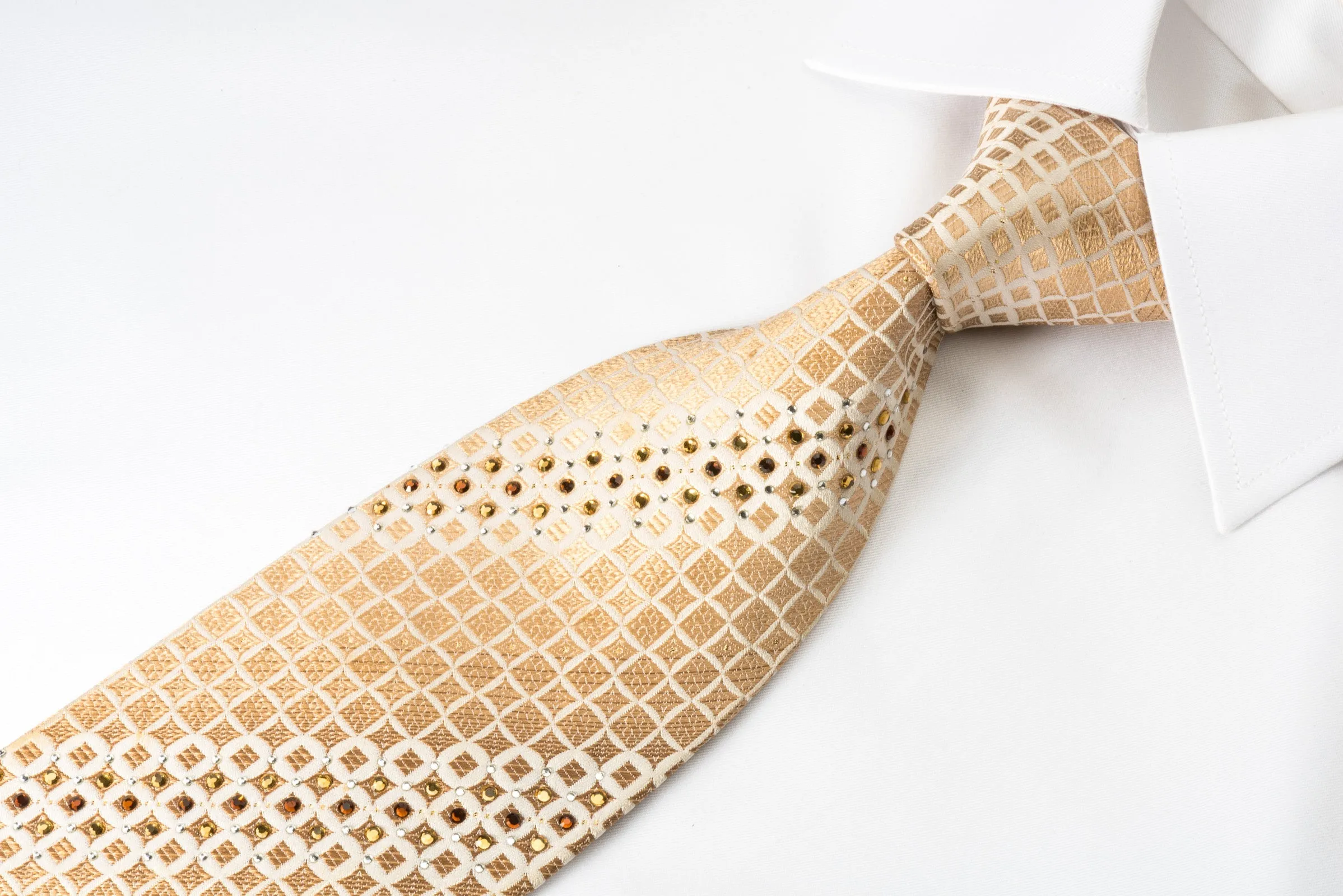 Roberta di Camerino Rhinestone Silk Necktie Golden Brown Checker On Beige With Sparkles