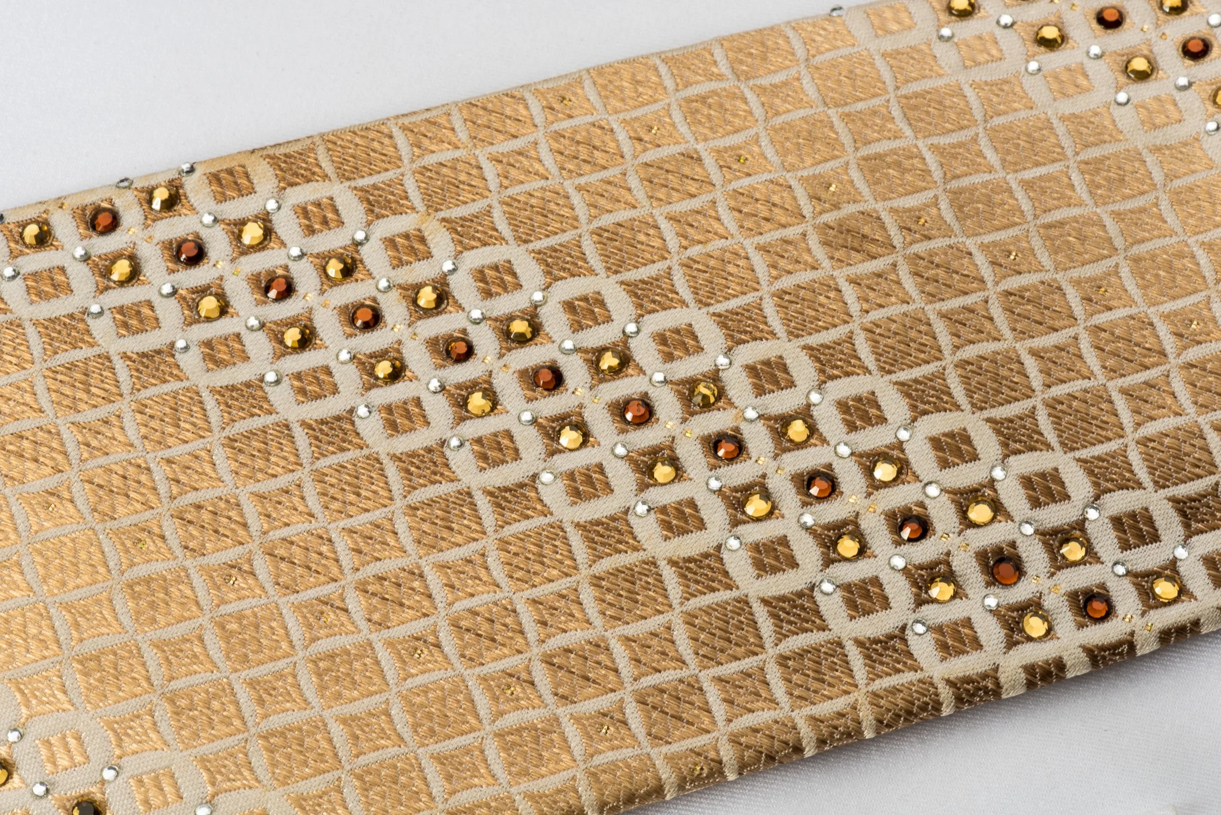 Roberta di Camerino Rhinestone Silk Necktie Golden Brown Checker On Beige With Sparkles