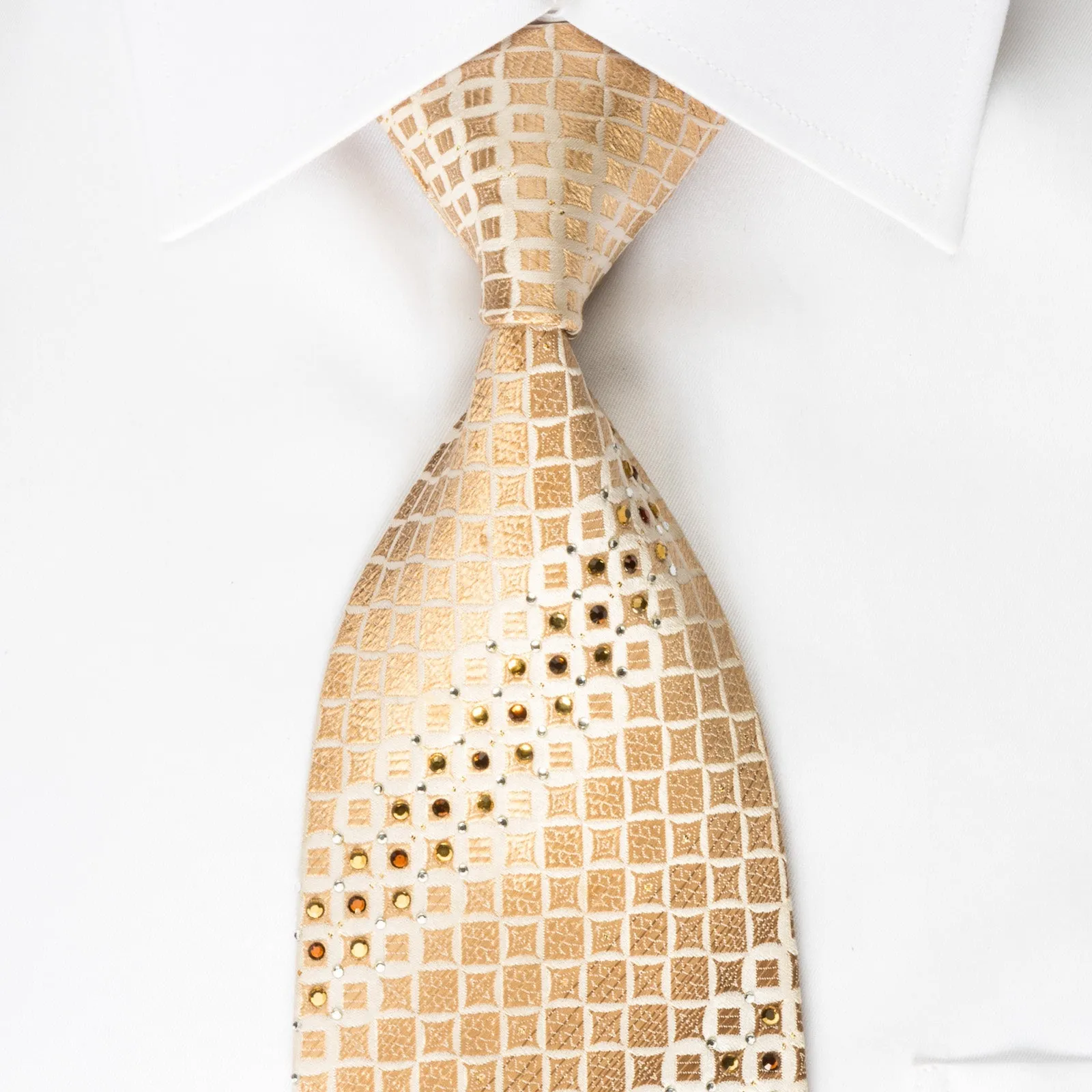 Roberta di Camerino Rhinestone Silk Necktie Golden Brown Checker On Beige With Sparkles