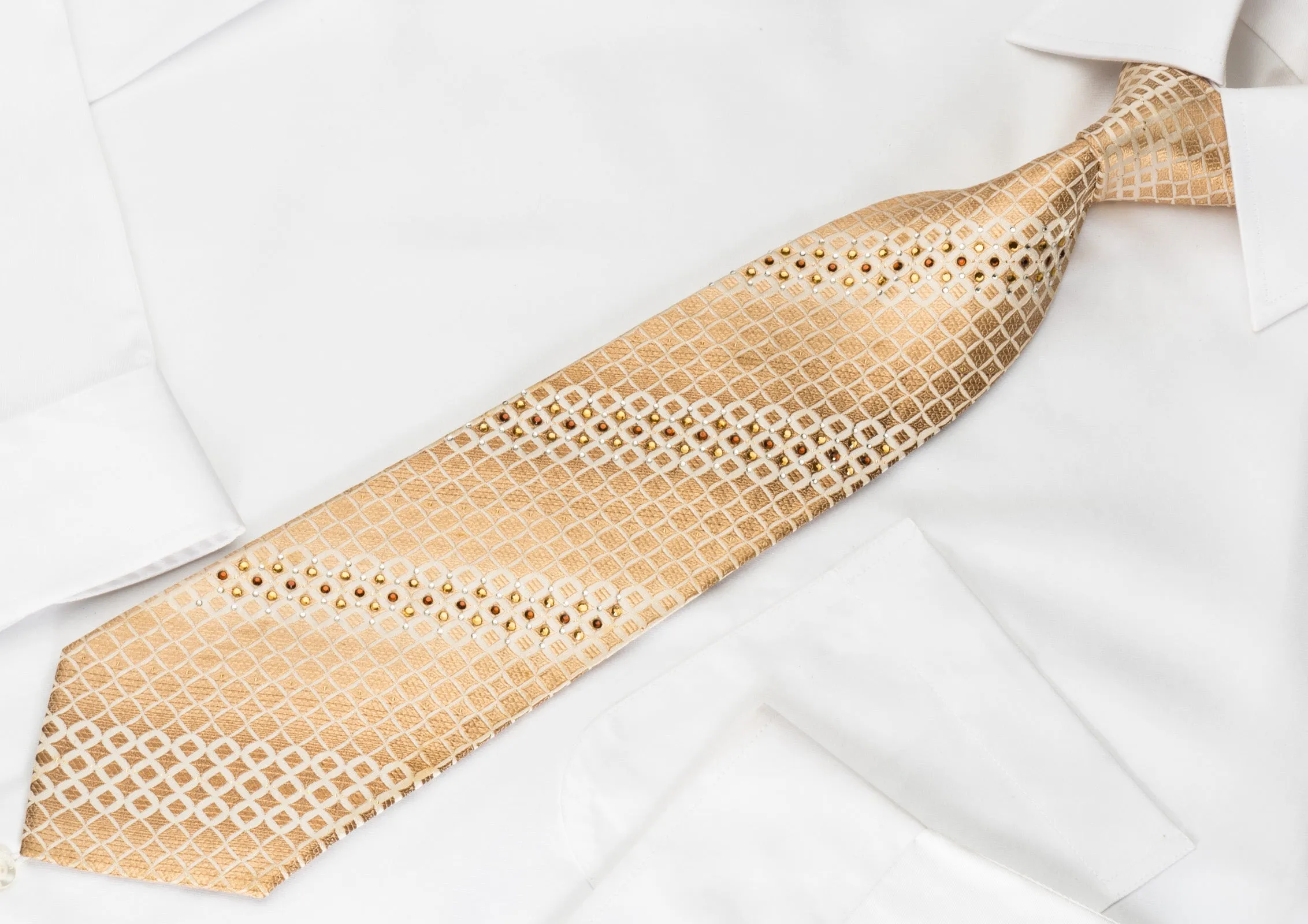 Roberta di Camerino Rhinestone Silk Necktie Golden Brown Checker On Beige With Sparkles