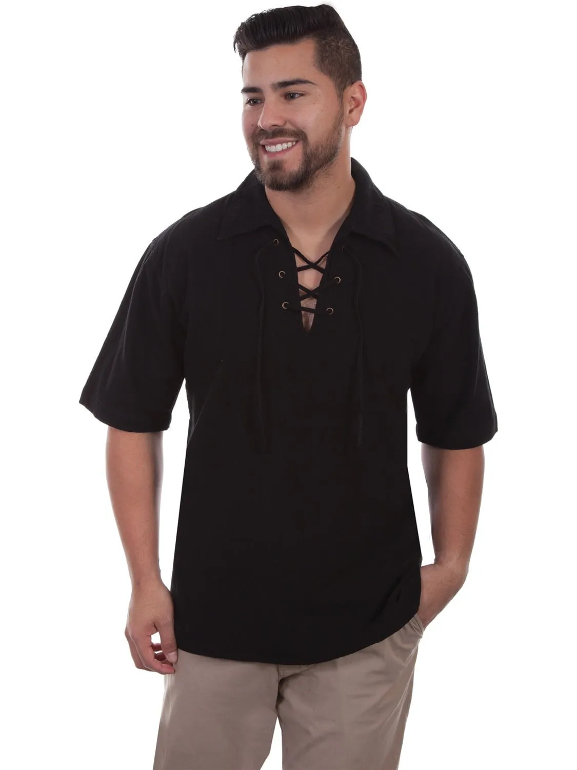 Scully Mens Black 100% Cotton Lace-up Gauze S/S Shirt