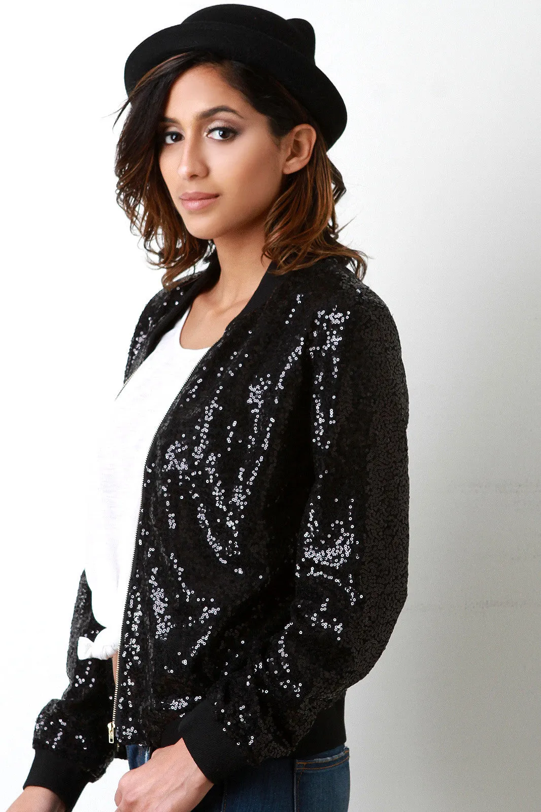 Sequin Rib Knit Trim Zip-Up Bomber Jacket