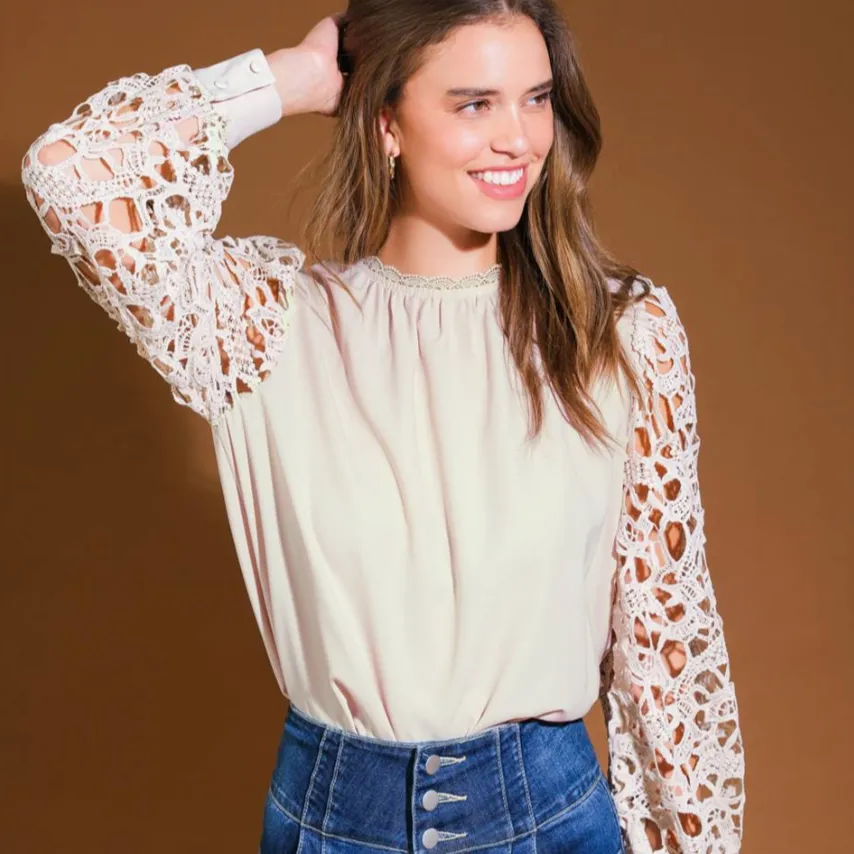 She's All That Lace Contrast Sleeve Woven Top