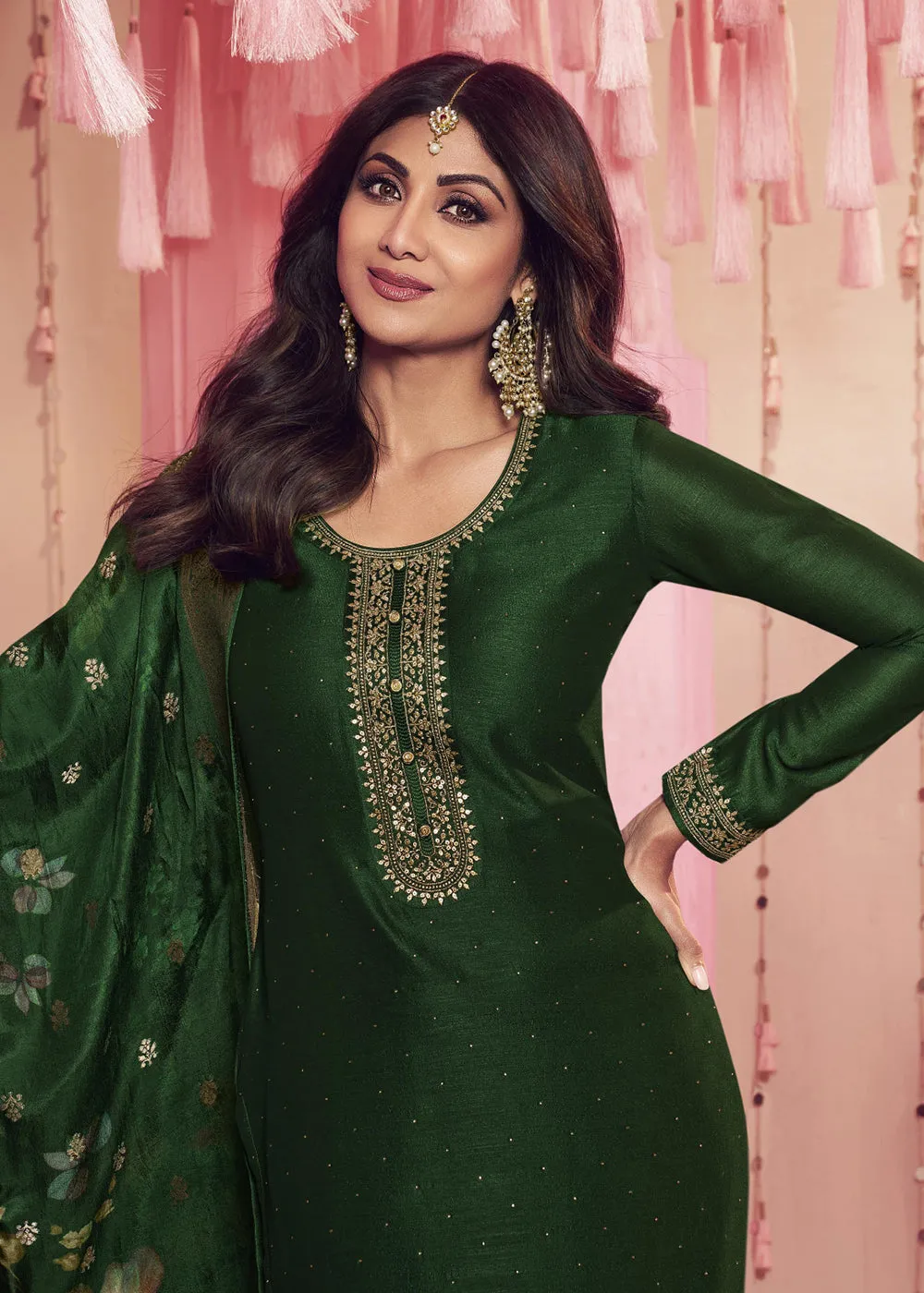 Shilpa Shetty Dark Green Mehndi Wear Salwar Suit