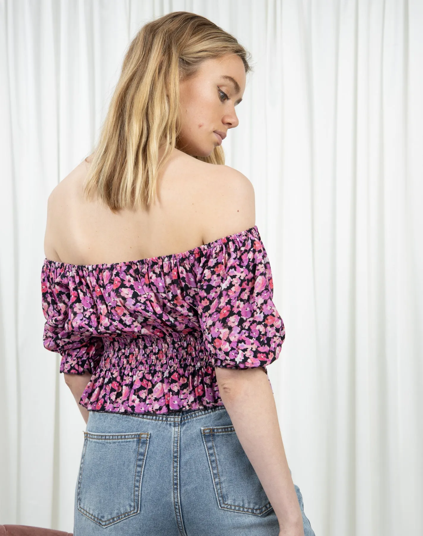 Short Sleeve Bardot Crop Top in Pink Floral | Fatima