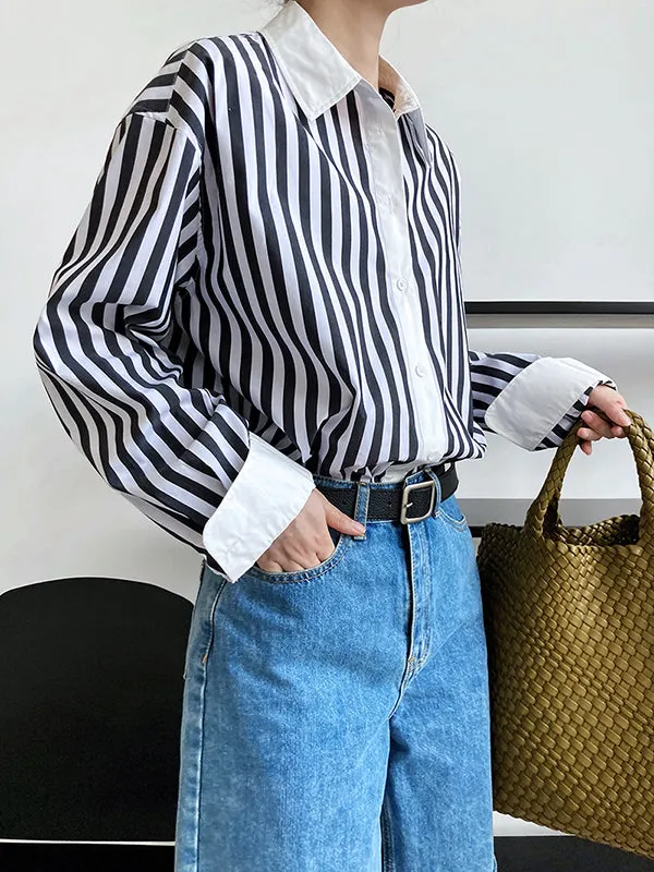 Simple Long Sleeves Contrast Color Striped Lapel Blouse Top