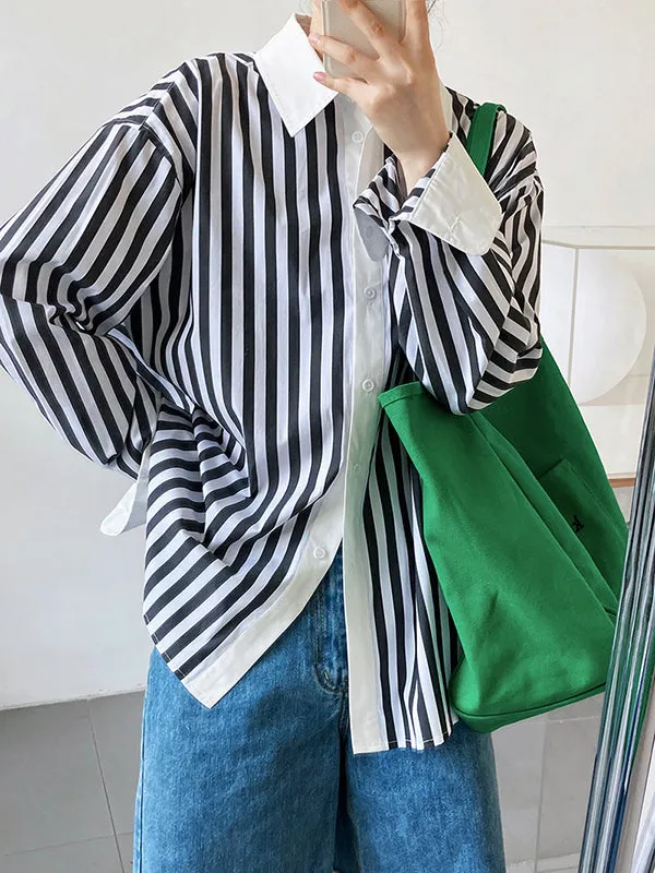 Simple Long Sleeves Contrast Color Striped Lapel Blouse Top