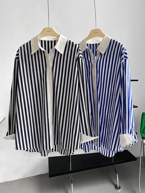 Simple Long Sleeves Contrast Color Striped Lapel Blouse Top