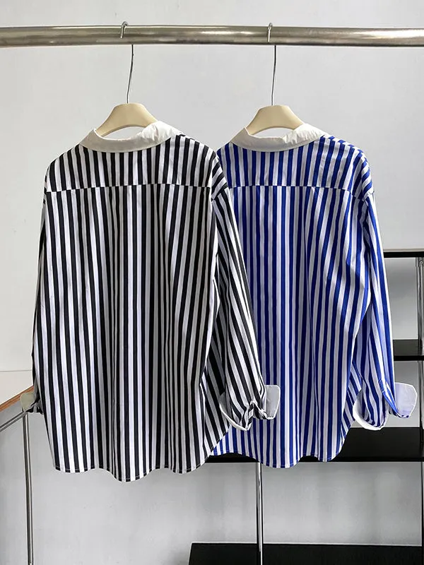 Simple Long Sleeves Contrast Color Striped Lapel Blouse Top