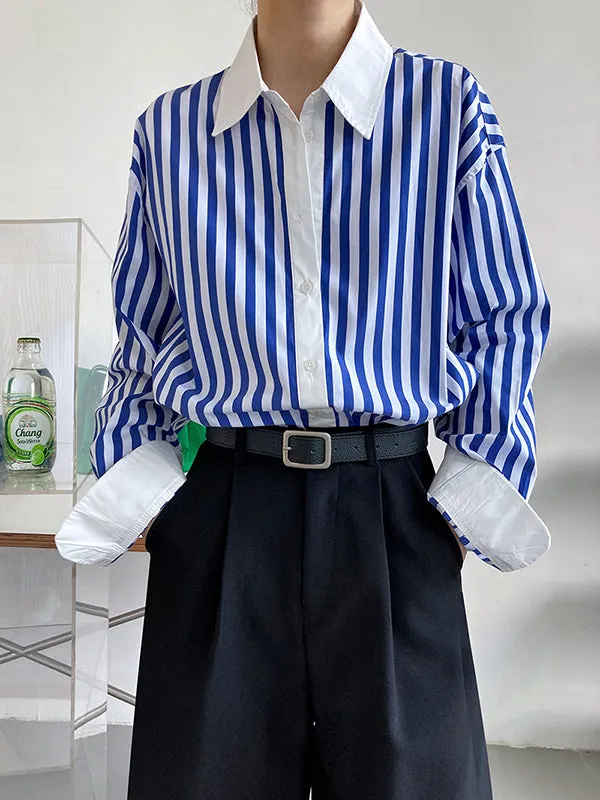 Simple Long Sleeves Contrast Color Striped Lapel Blouse Top