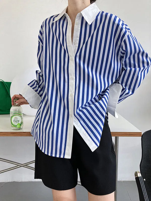 Simple Long Sleeves Contrast Color Striped Lapel Blouse Top