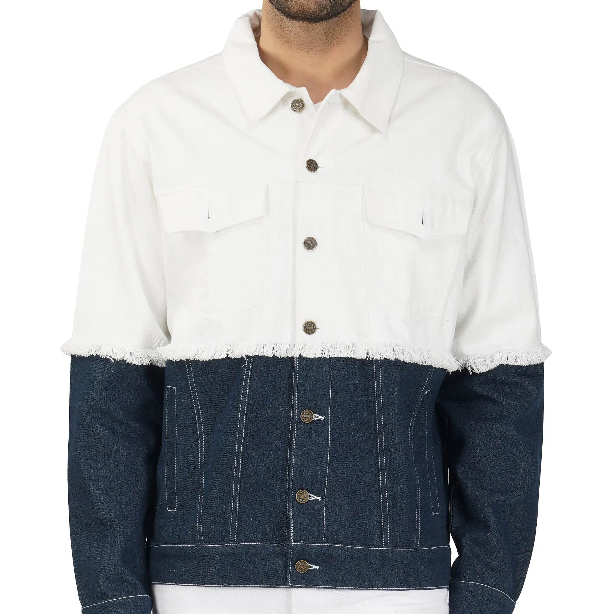 SLAY. Men's White & Blue Patched Colorblock Denim Cotton Biker Jacket For Men