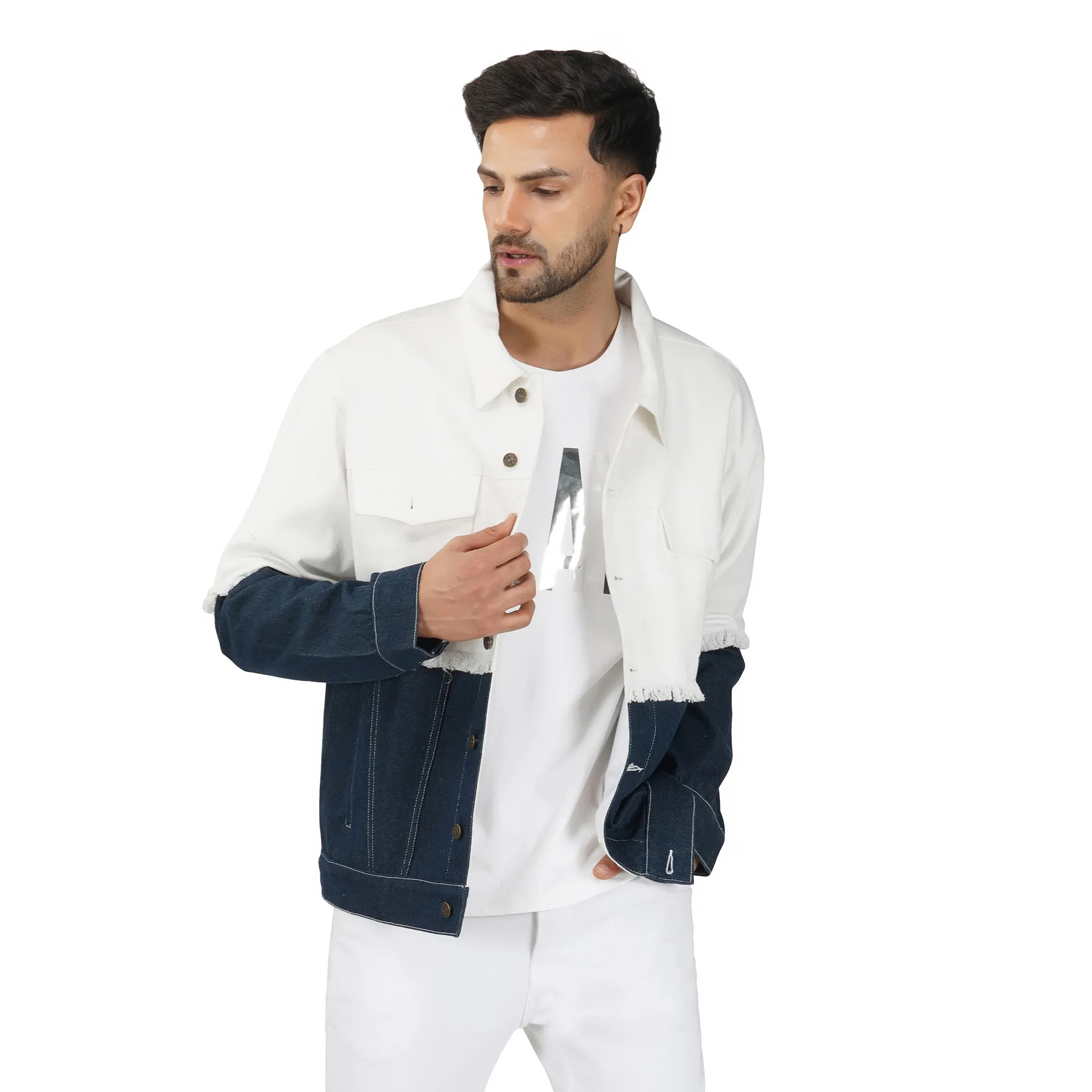 SLAY. Men's White & Blue Patched Colorblock Denim Cotton Biker Jacket For Men