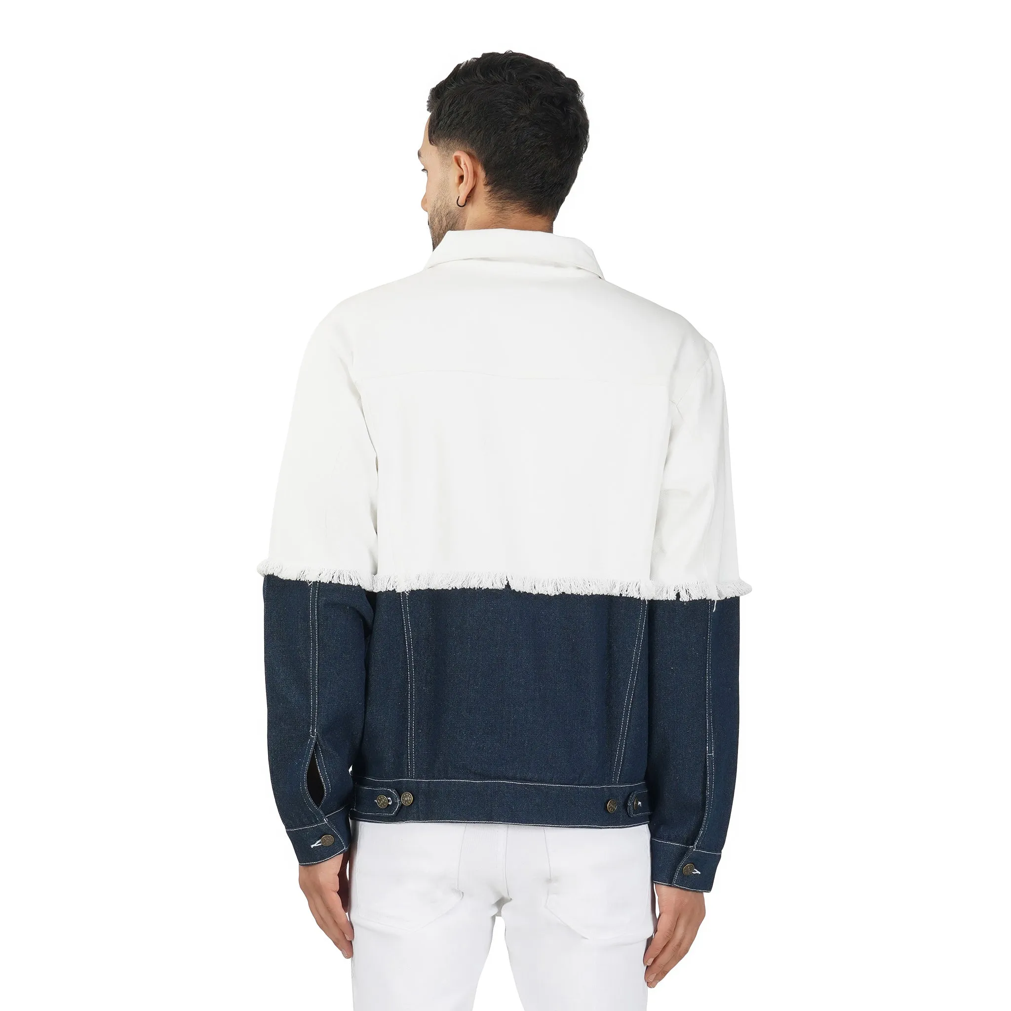 SLAY. Men's White & Blue Patched Colorblock Denim Cotton Biker Jacket For Men