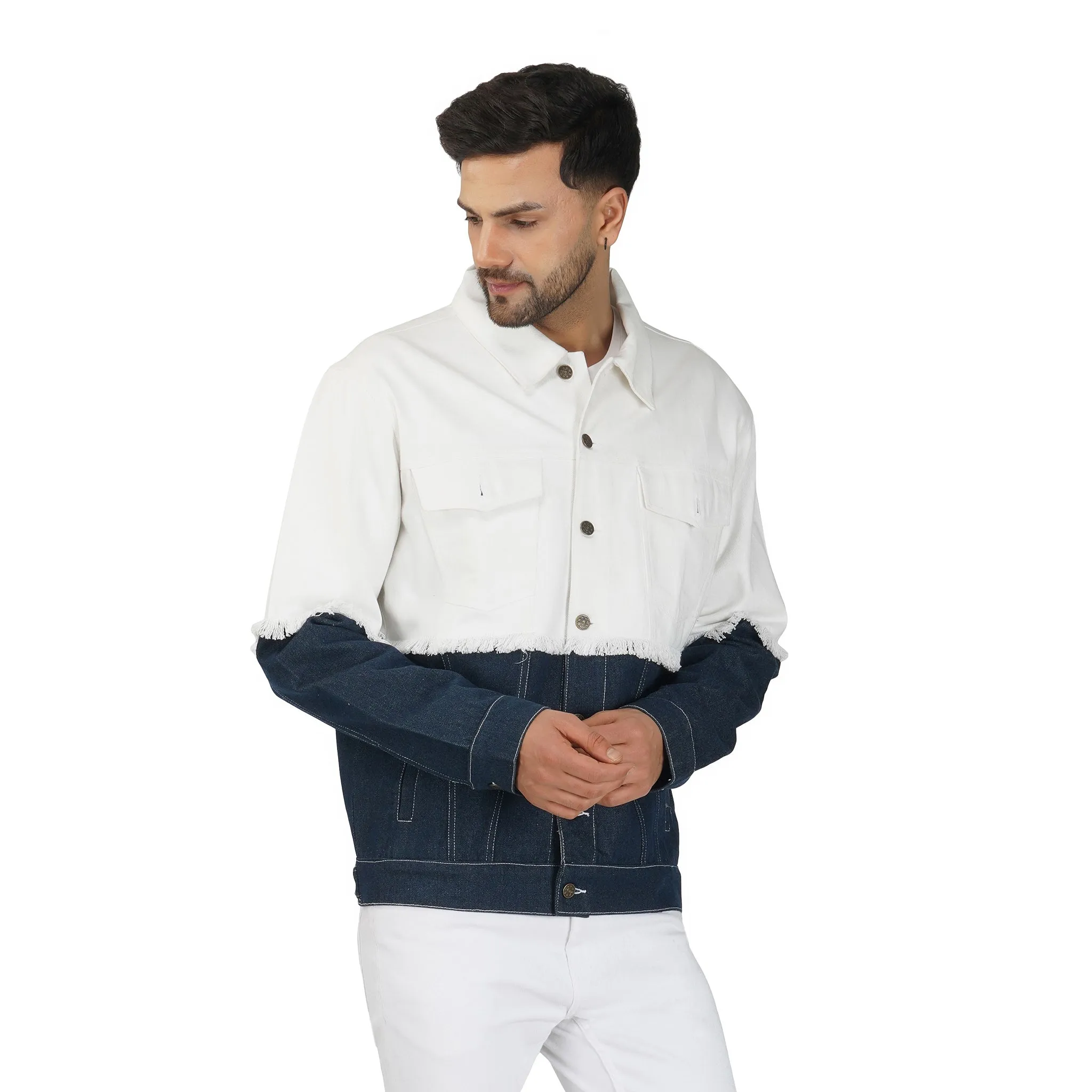 SLAY. Men's White & Blue Patched Colorblock Denim Cotton Biker Jacket For Men