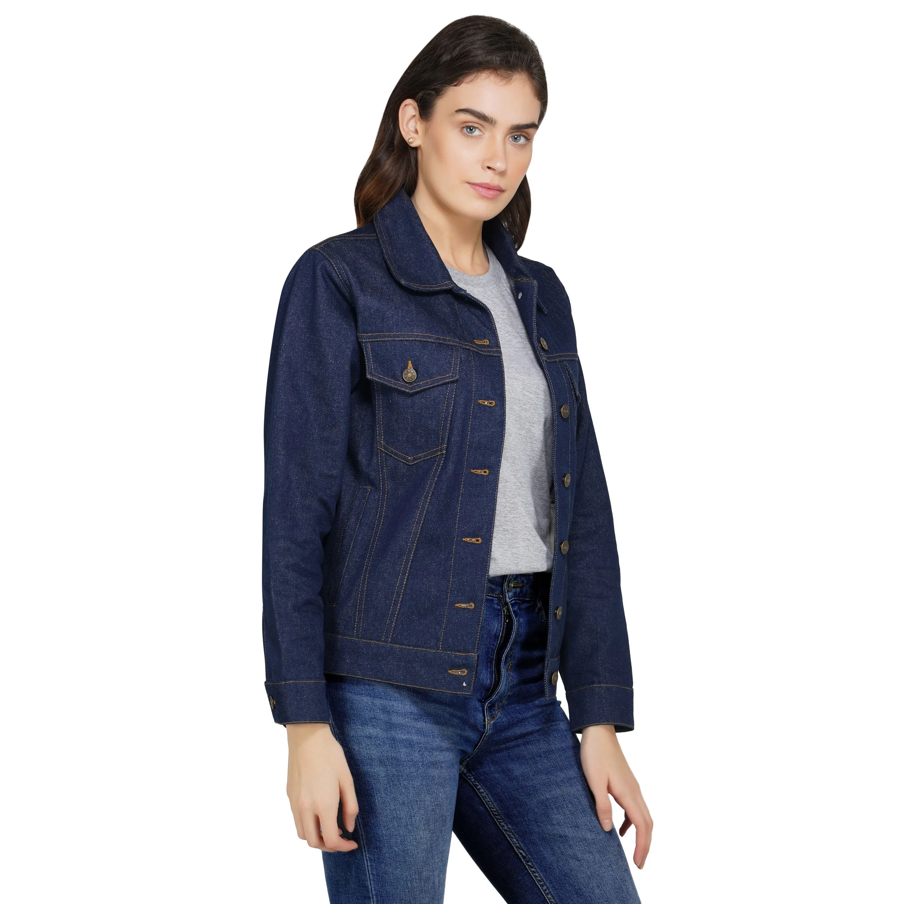 SLAY. Women's Embroidered Navy Blue Denim Jacket