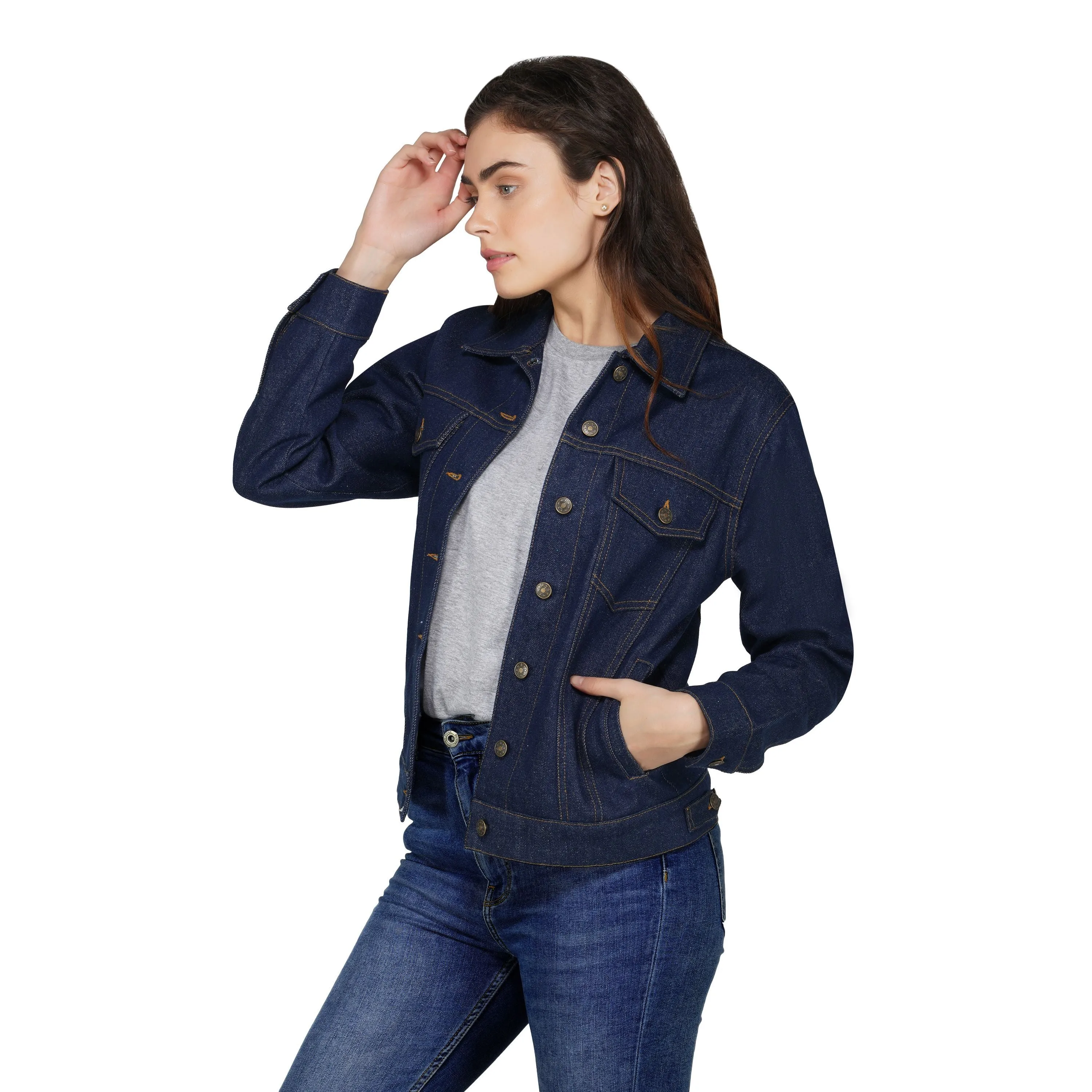 SLAY. Women's Embroidered Navy Blue Denim Jacket