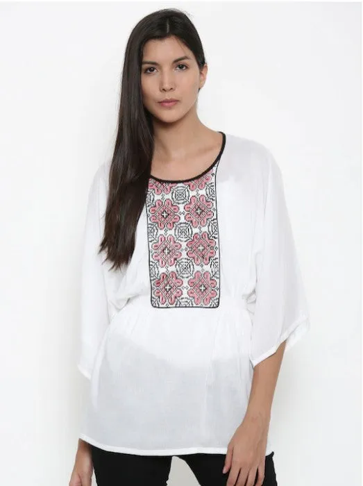 Solid White Embroidered Kaftan Top - (Clearance - Final Sale)