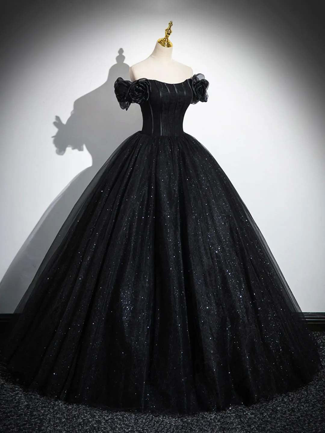 Sparkly Tulle Black Sweetheart Ball Gown A-Line Off the Shoulder Evening Dress