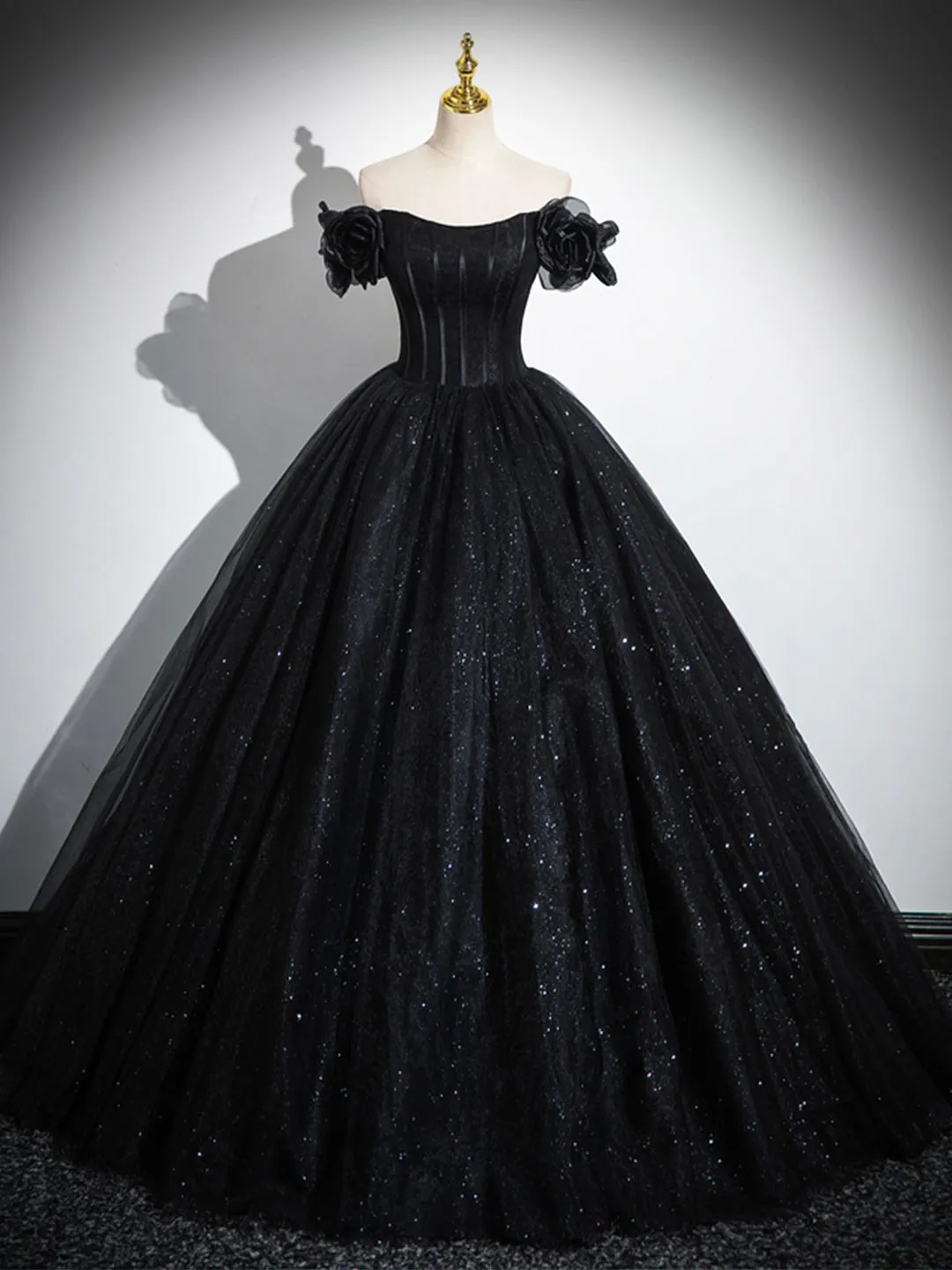 Sparkly Tulle Black Sweetheart Ball Gown A-Line Off the Shoulder Evening Dress