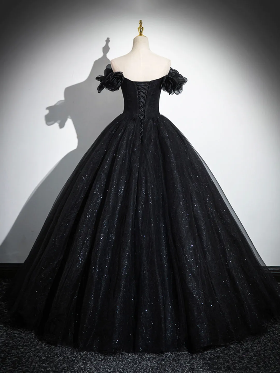 Sparkly Tulle Black Sweetheart Ball Gown A-Line Off the Shoulder Evening Dress