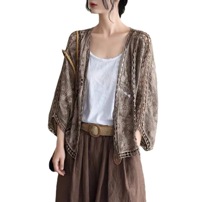 Spring/Summer Cotton Embroidered Lace Cardigan Short Bat Sleeves Loose Shawl 7/4 Sleeve Air Conditioning Sun Protection Cover Up