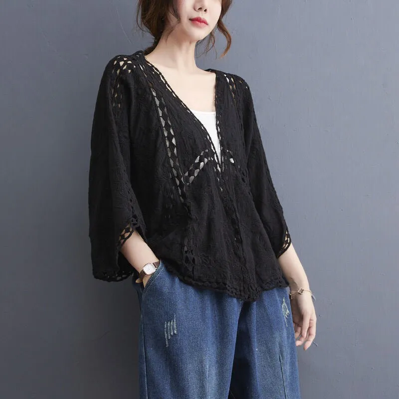 Spring/Summer Cotton Embroidered Lace Cardigan Short Bat Sleeves Loose Shawl 7/4 Sleeve Air Conditioning Sun Protection Cover Up