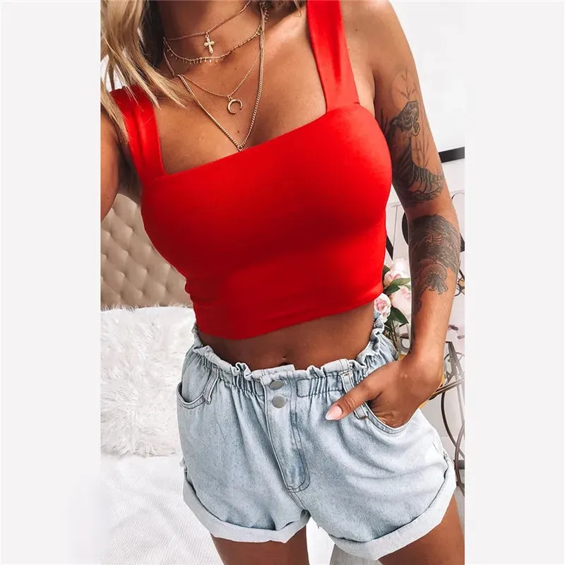 Square Neck Sleeveless Summer Crop Top White Women Black Casual Basic T Shirt Off Shoulder Cami Sexy Backless Tank Top