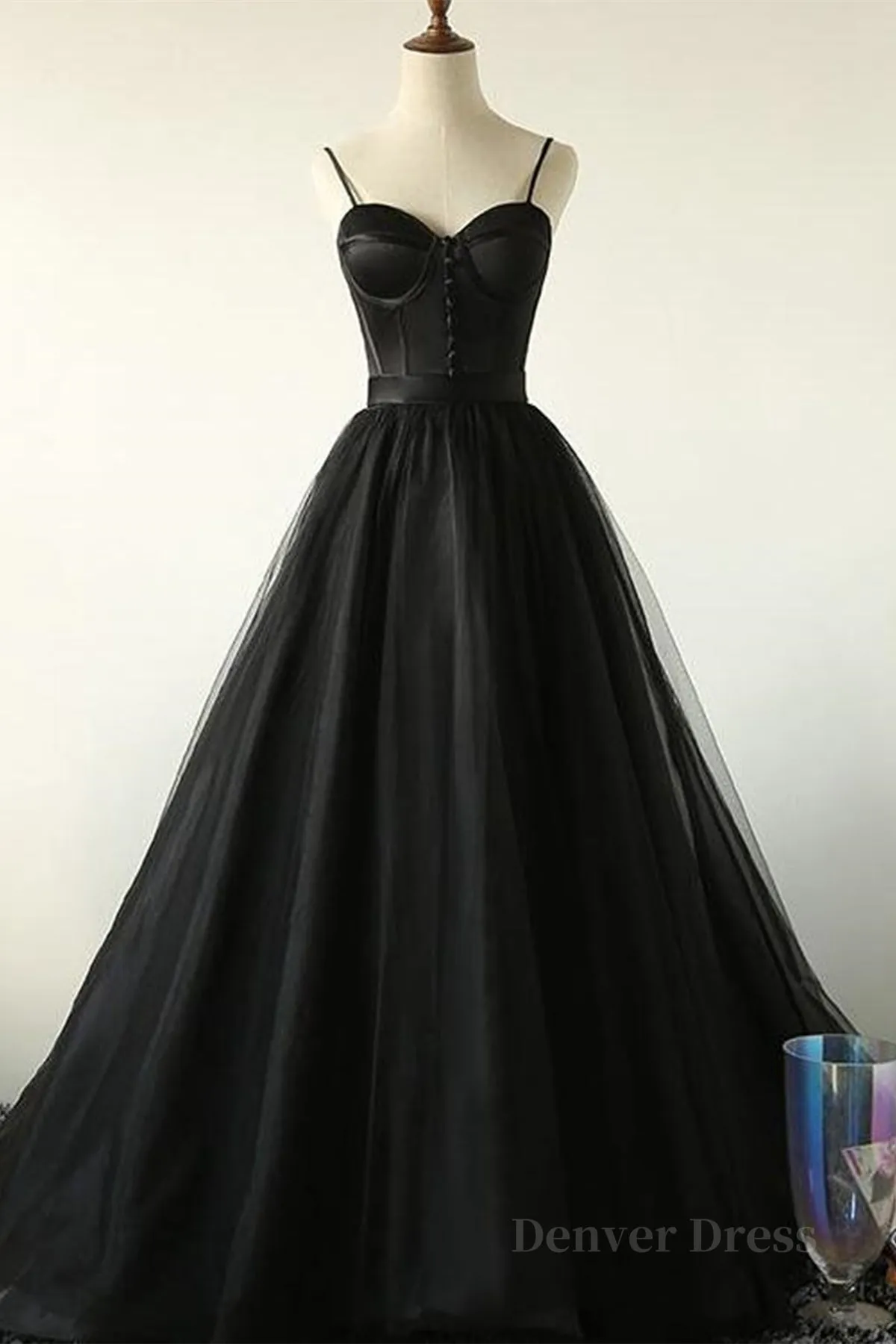 Sweetheart Neck Black Tulle Long Prom Dress Thin Straps Black Formal Evening Dress Black Ball Gown