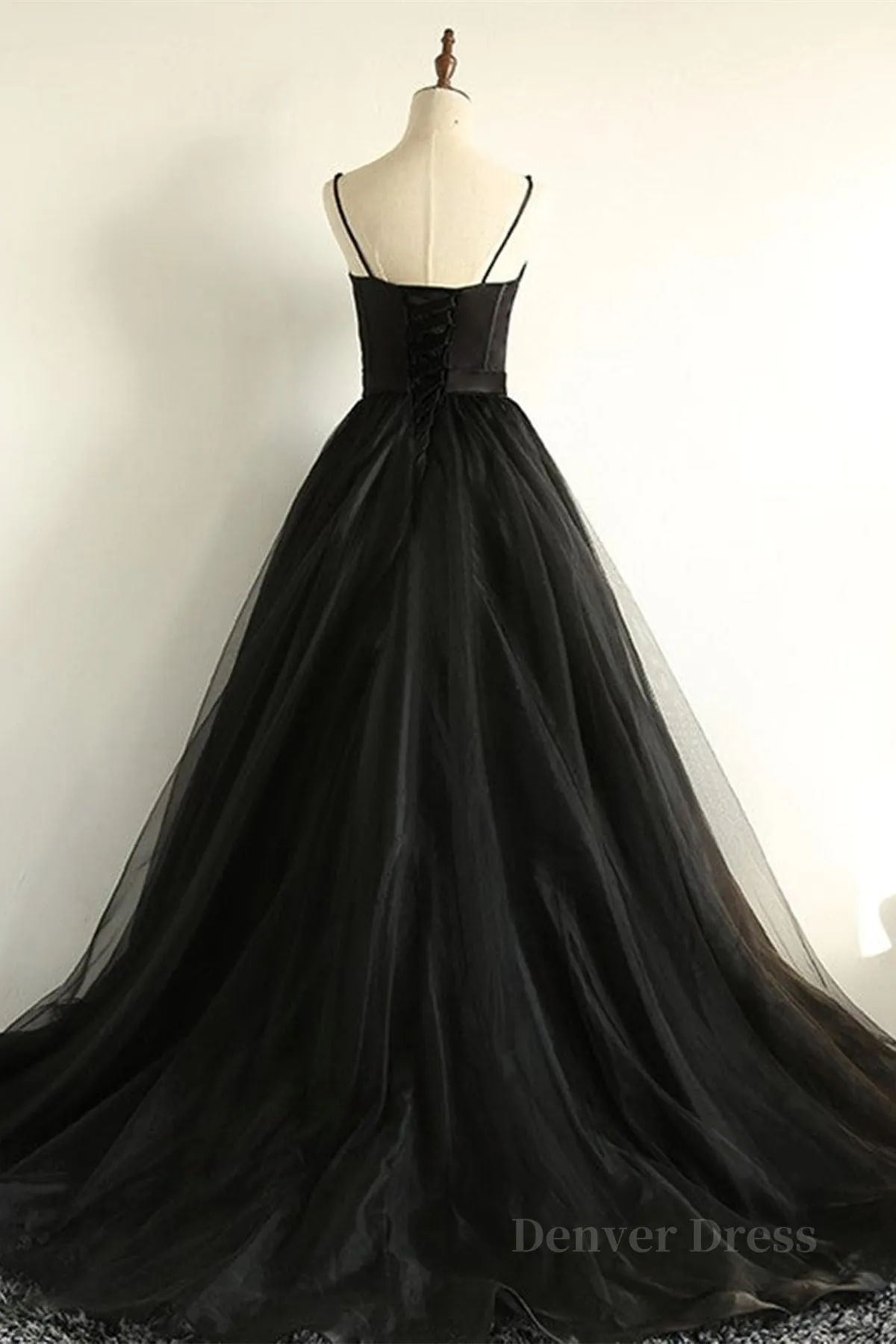 Sweetheart Neck Black Tulle Long Prom Dress Thin Straps Black Formal Evening Dress Black Ball Gown