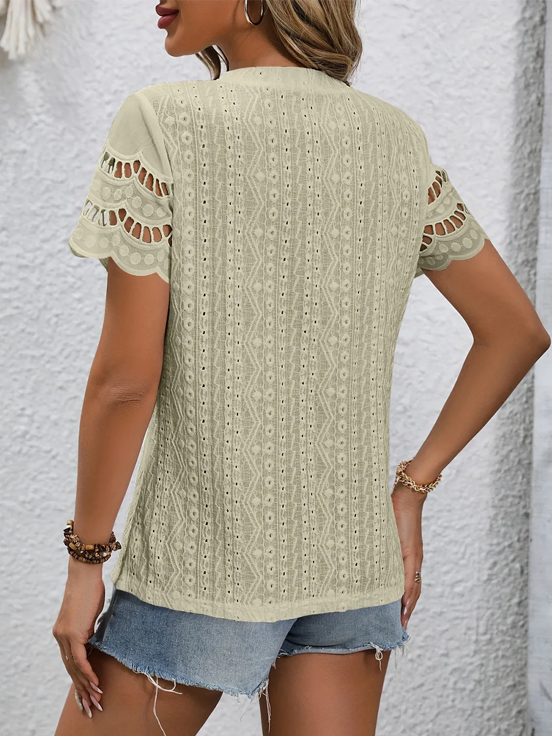 TEEK - Eyelet Round Neck Short Sleeve Top