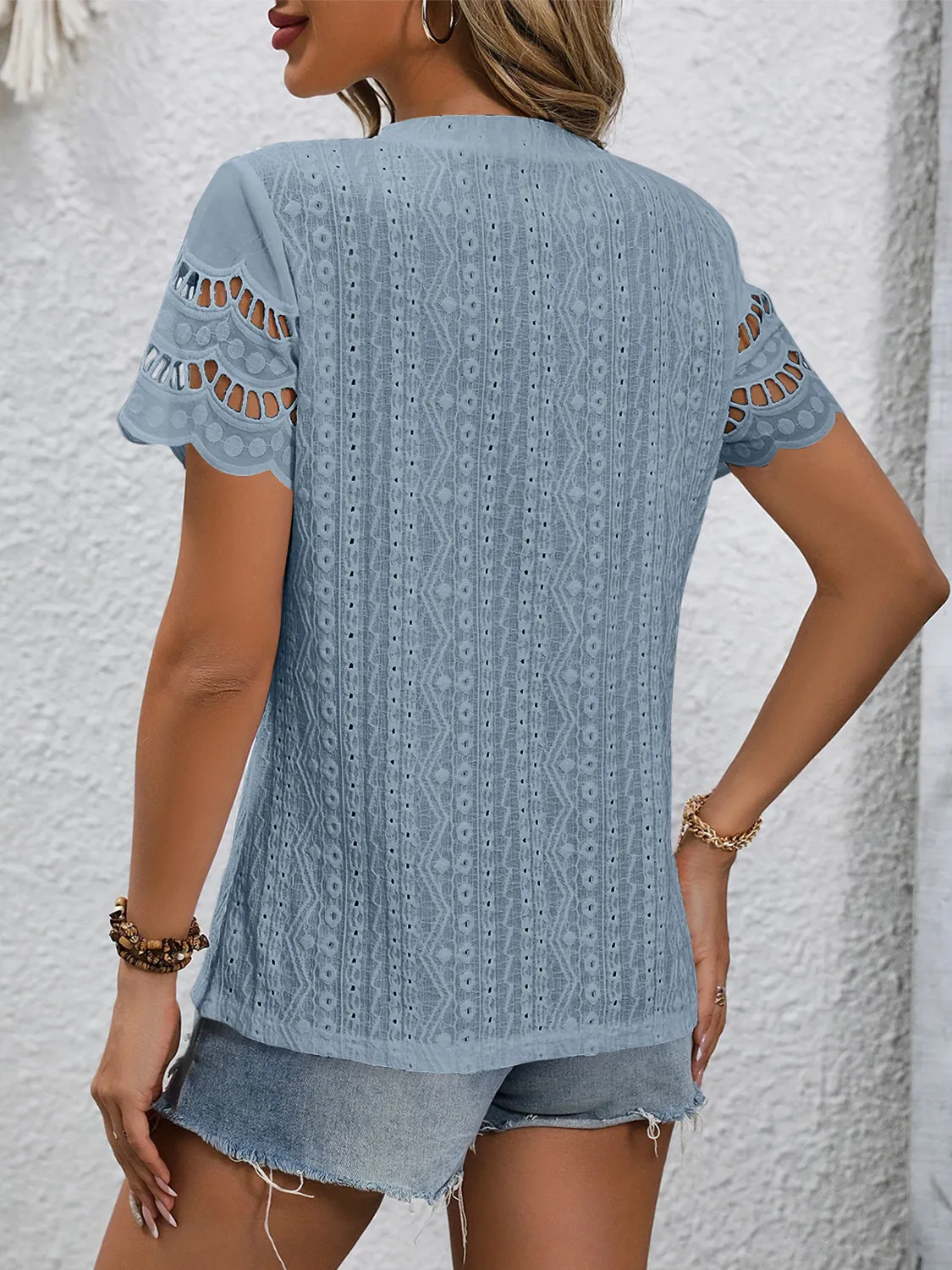 TEEK - Eyelet Round Neck Short Sleeve Top