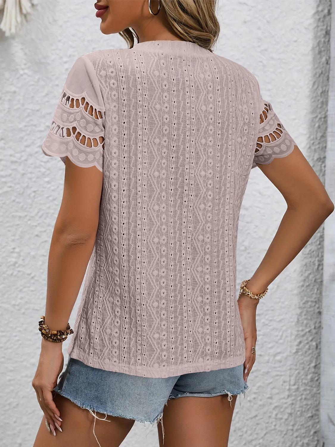 TEEK - Eyelet Round Neck Short Sleeve Top