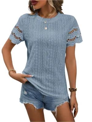 TEEK - Eyelet Round Neck Short Sleeve Top