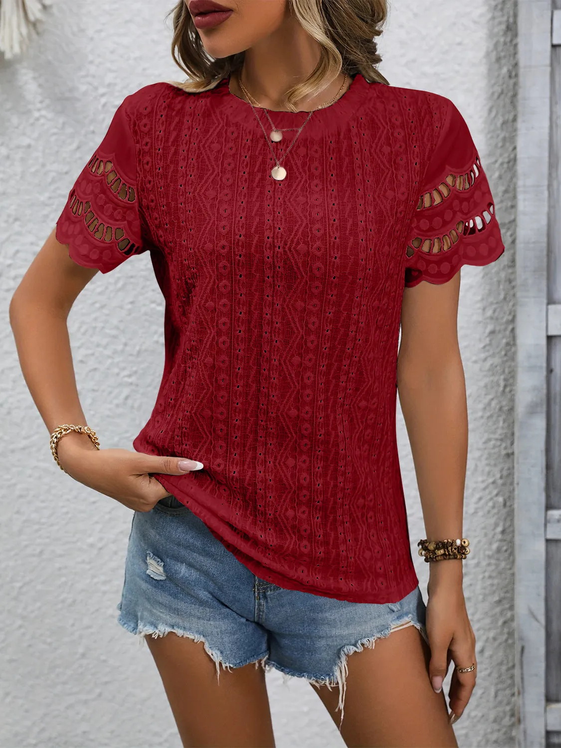 TEEK - Eyelet Round Neck Short Sleeve Top