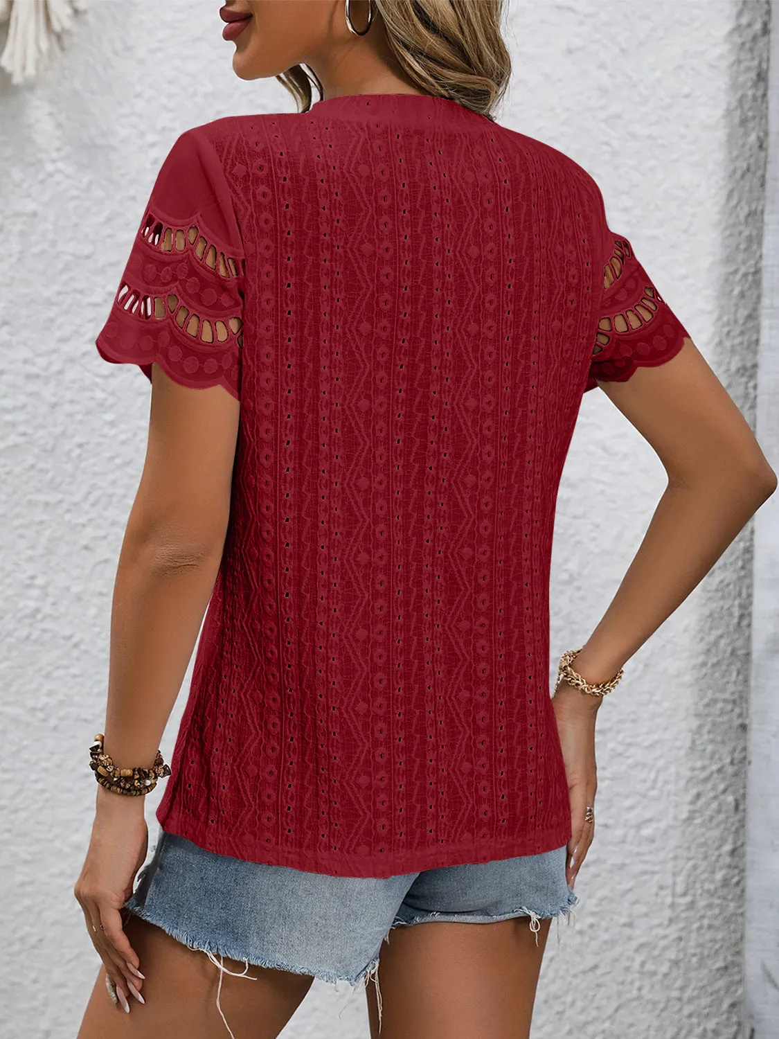 TEEK - Eyelet Round Neck Short Sleeve Top