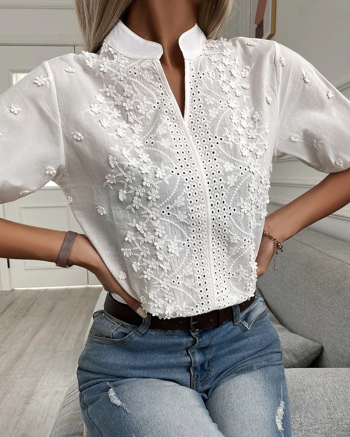 WHITE EMBROIDERED EYELET BLOUSE