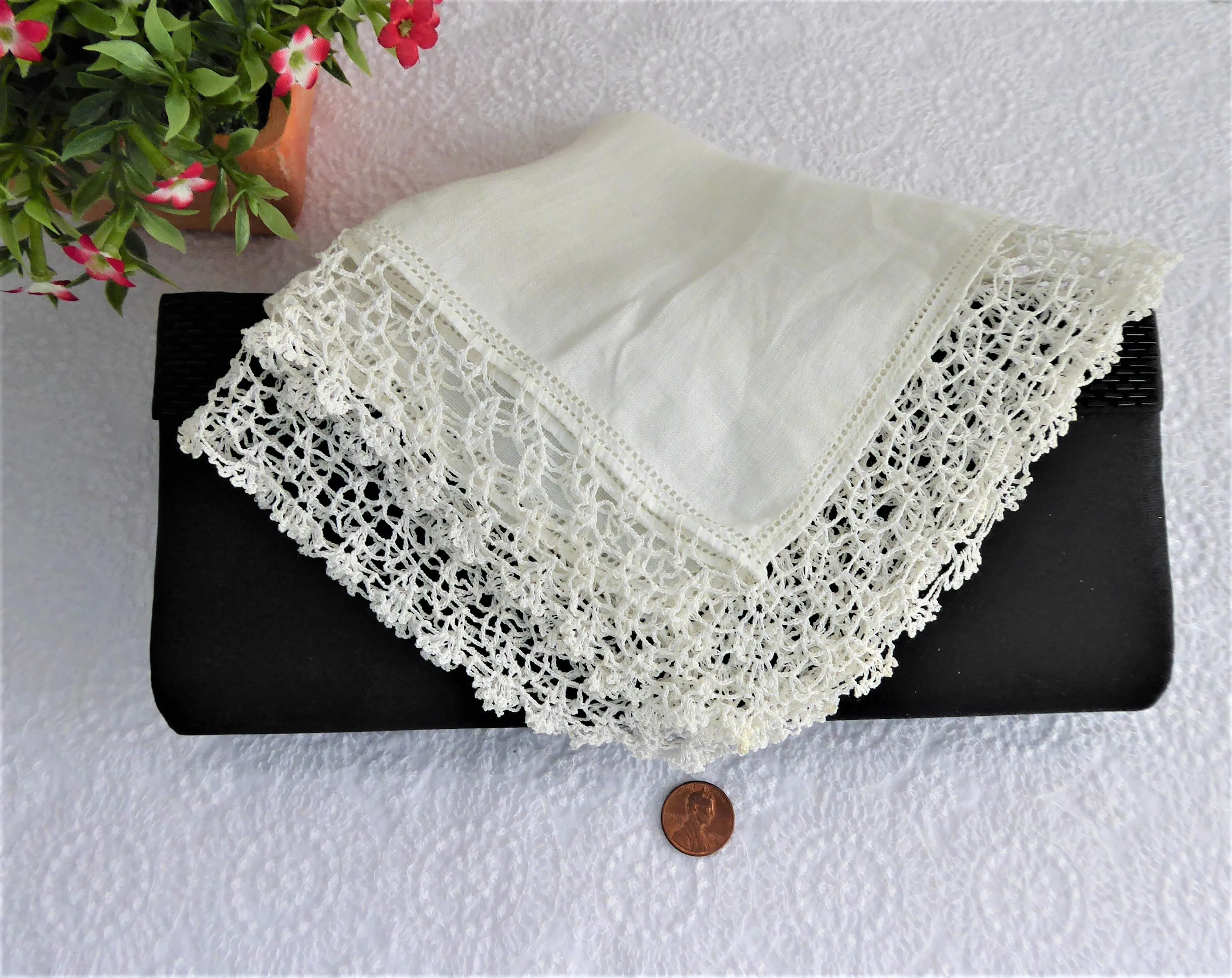 White Irish Linen Handkerchief 1920s Hand Made Thread Lace Trim Hanky