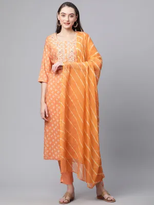 Women Orange Floral Print Chanderi Silk Kurta Set