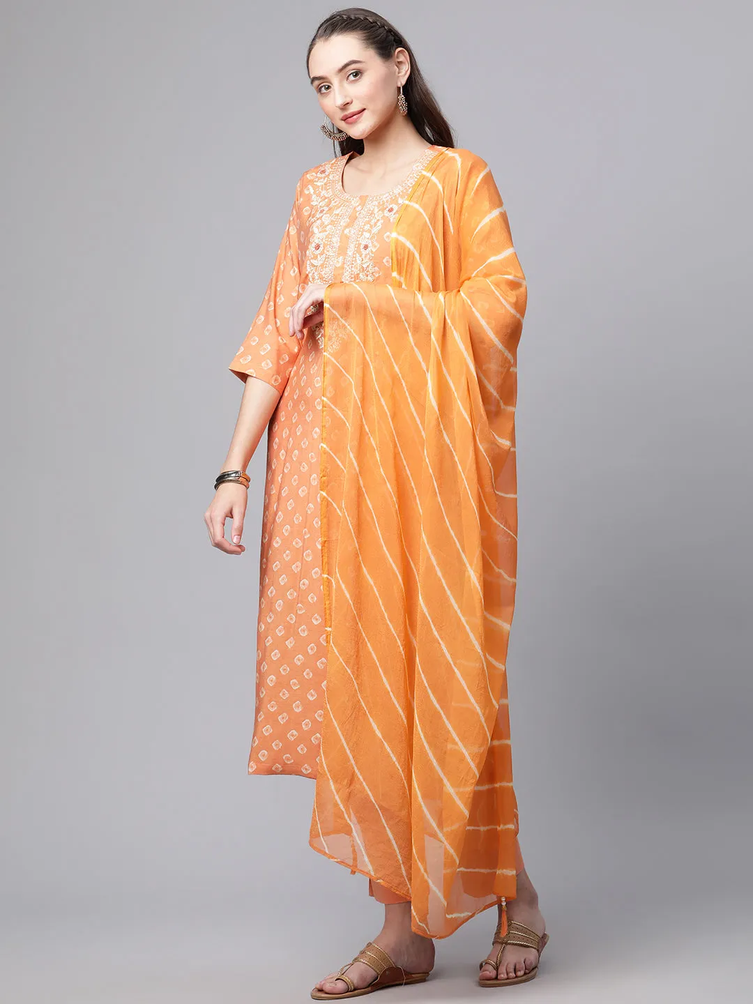 Women Orange Floral Print Chanderi Silk Kurta Set