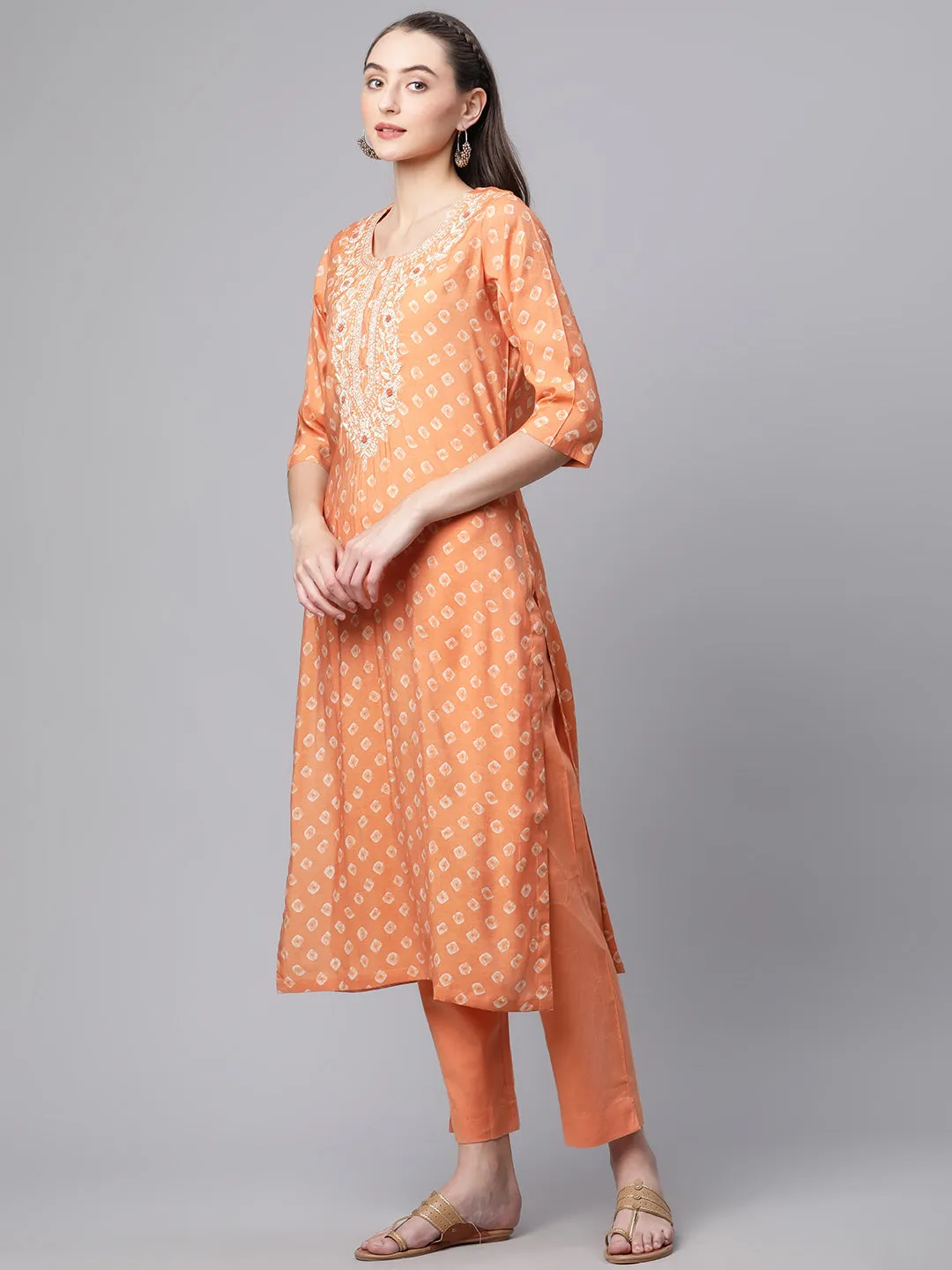 Women Orange Floral Print Chanderi Silk Kurta Set