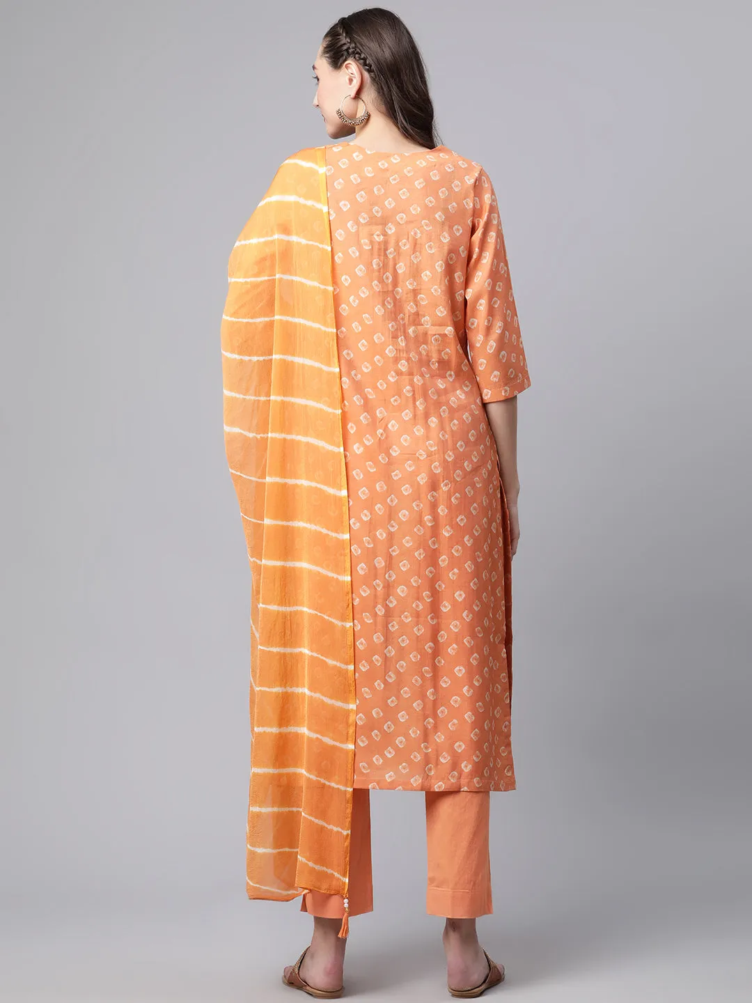 Women Orange Floral Print Chanderi Silk Kurta Set